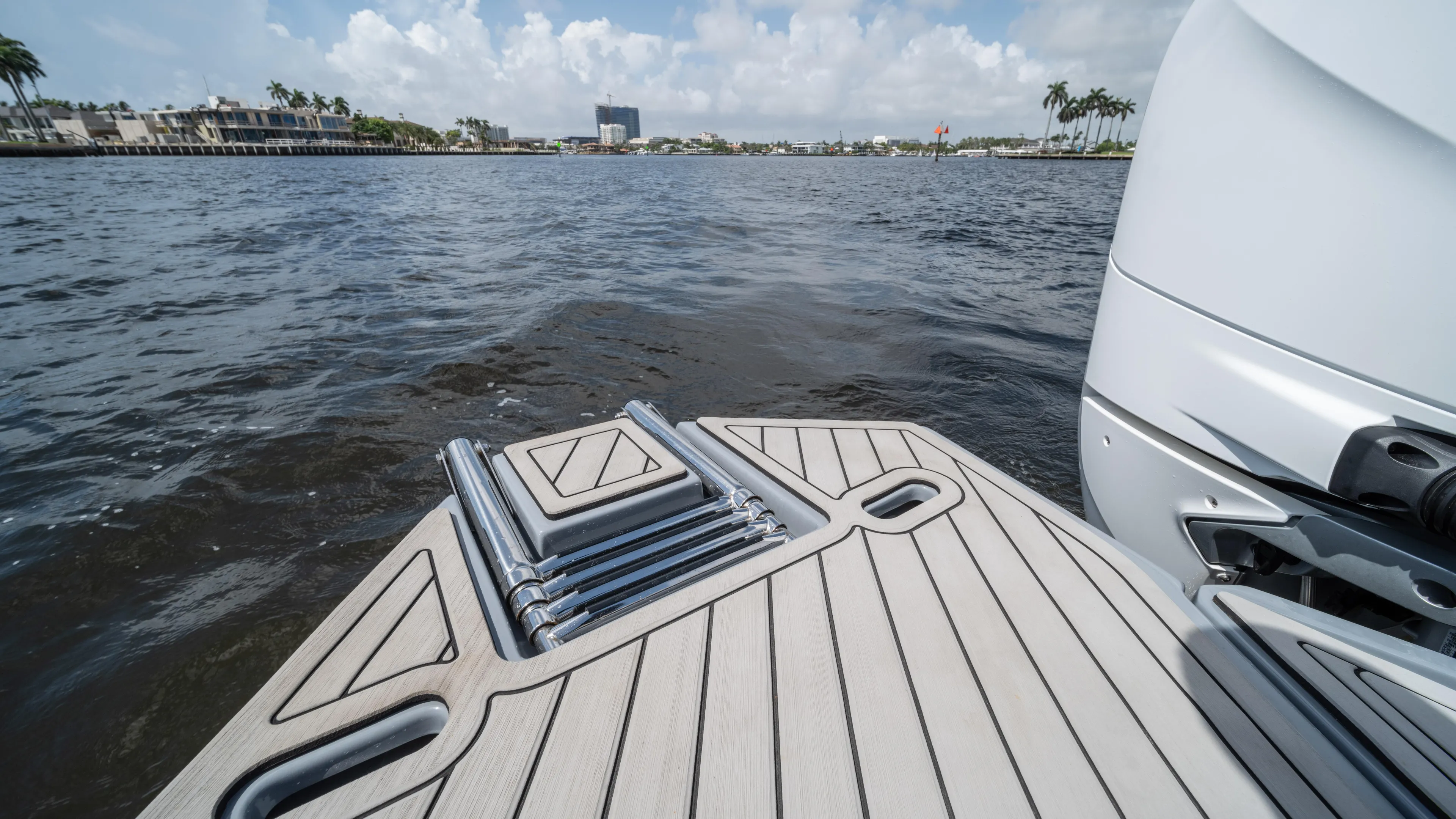 Custom Order Yours Today! Yacht Photos Pics Hanover 387 Outboard 2025 boat on water, featuring sleek deck design.