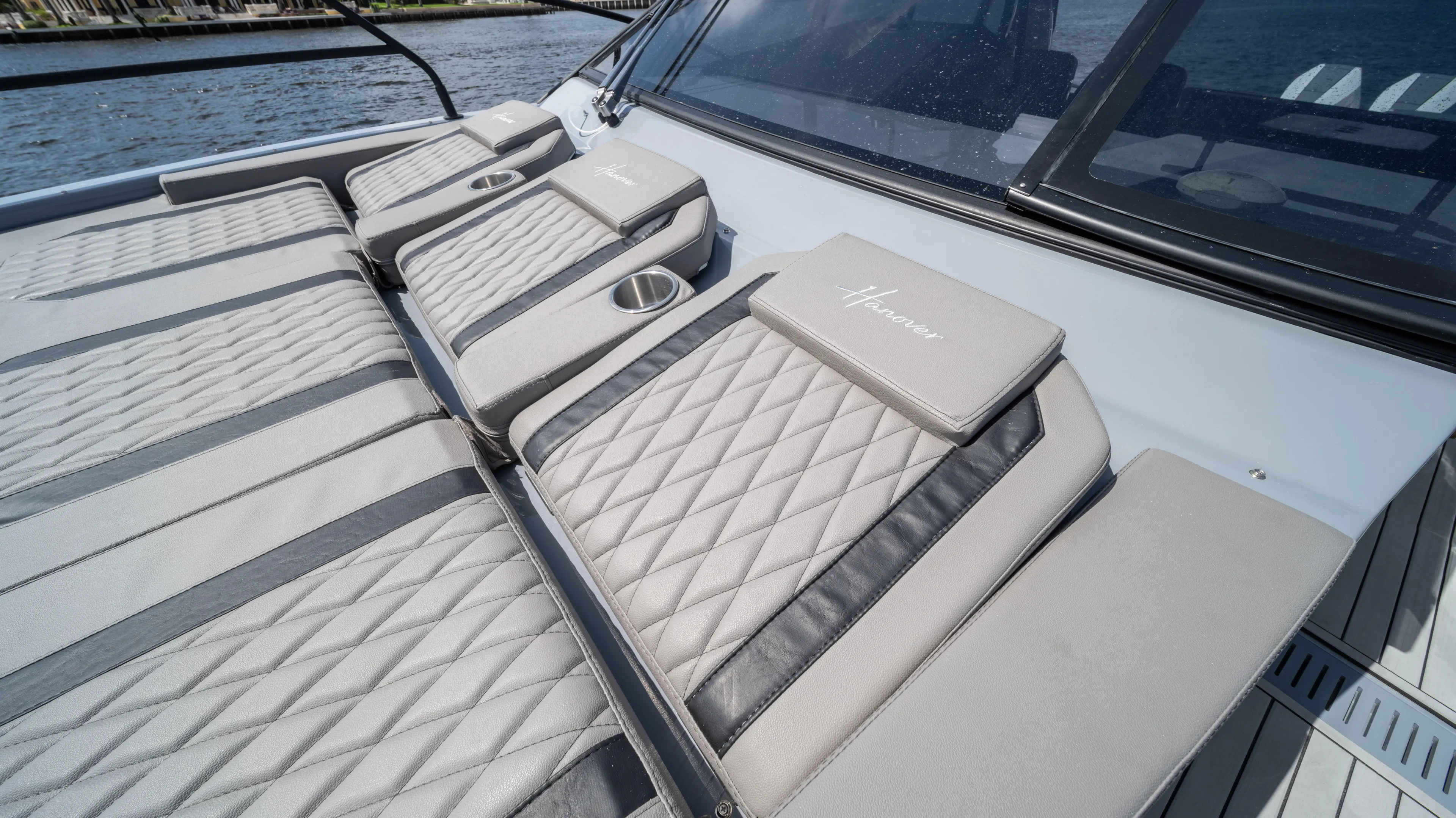 Custom Order Yours Today! Yacht Photos Pics Luxurious seating on 2025 Hanover 387 Outboard boat with quilted design and cup holders.