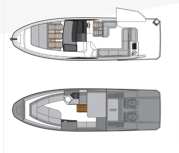 Custom Order Yours Today! Yacht Photos Pics Top view layout of 2025 Hanover 387 Outboard boat, showcasing seating and engine placement.
