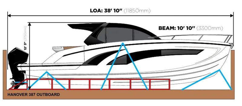 Custom Order Yours Today! Yacht Photos Pics 2025 Hanover 387 Outboard boat diagram, LOA 38'10", beam 10'10".