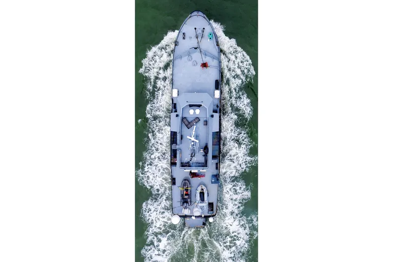 Anne S Pierce Yacht Photos Pics Aerial view of 1982 Glovertown Shipyard exploration ship navigating through water.