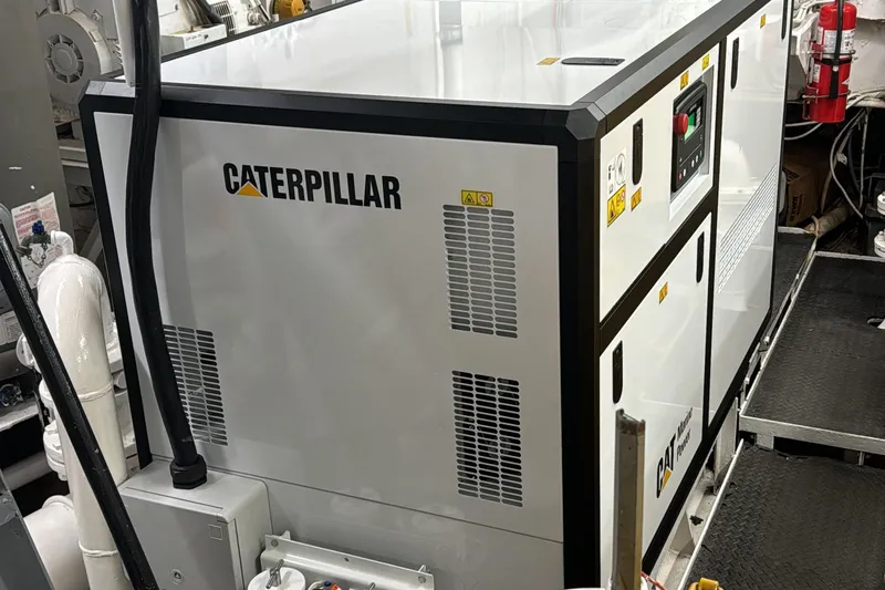 Anne S Pierce Yacht Photos Pics Caterpillar generator inside 1982 Glovertown Shipyard exploration ship engine room.