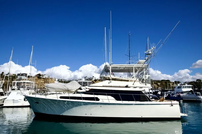 The Donut Hull Yacht Photos Pics 2002 Mikelson 50 Sportfisher yacht docked in a sunny marina.