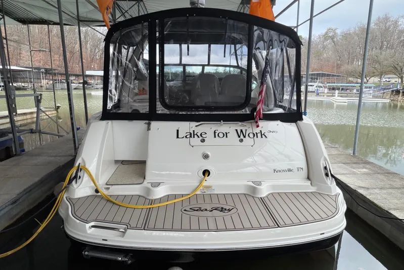  Yacht Photos Pics 2007 Sea Ray 340 Sundancer docked, rear view with "Lake for Work" name, Knoxville, TN.