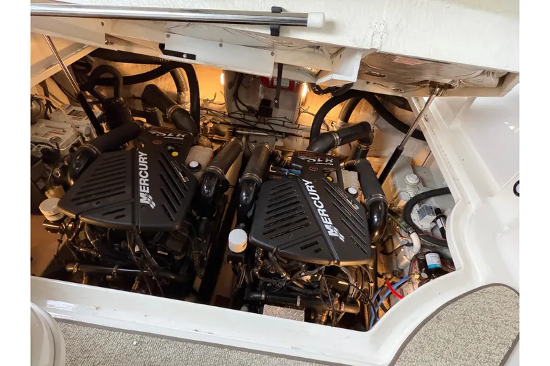  Yacht Photos Pics Engine compartment of a 2007 Sea Ray 340 Sundancer with twin Mercury engines.