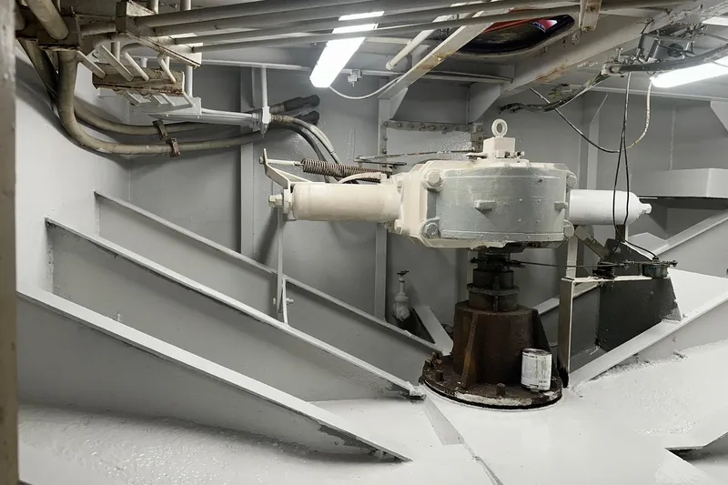 Anne S Pierce Yacht Photos Pics Interior of a 2021 Custom Glovertown Shipyard vessel, showcasing mechanical components and piping.