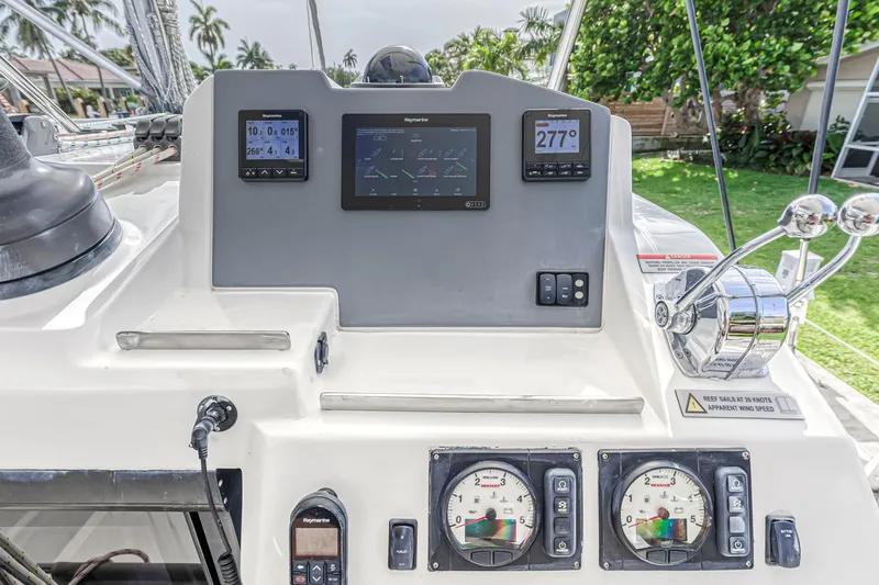  Yacht Photos Pics Control panel of a 2021 Leopard 50 yacht with navigation instruments and gauges.