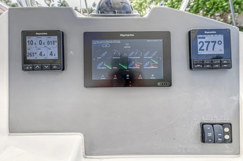  Yacht Photos Pics Leopard 50 yacht dashboard with Raymarine navigation displays, 2021 model.