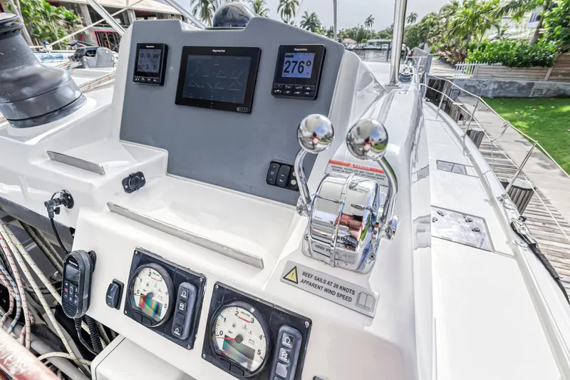  Yacht Photos Pics Helm of 2021 Leopard 50 yacht with navigation instruments and controls.