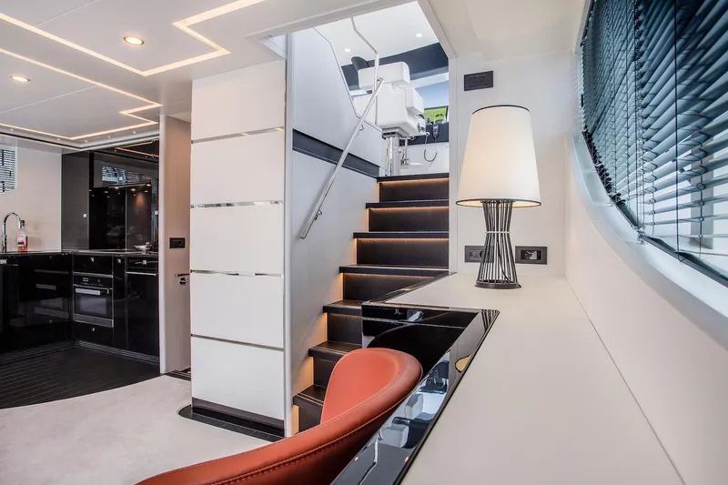  Yacht Photos Pics Modern interior of Van der Valk Beach Club 600 yacht, 2026 model, featuring sleek design and elegant lighting.