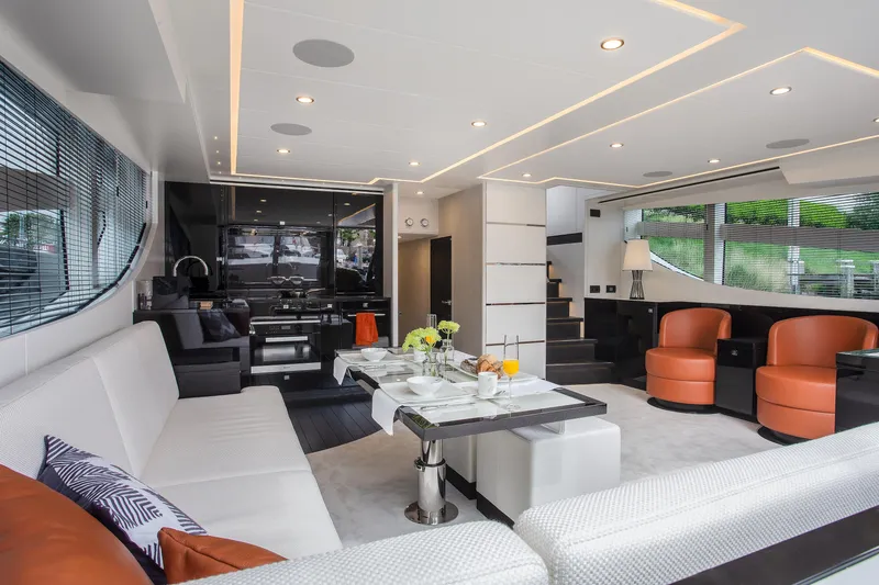  Yacht Photos Pics Luxurious interior of 2026 Van der Valk Beach Club 600 yacht with modern furnishings.