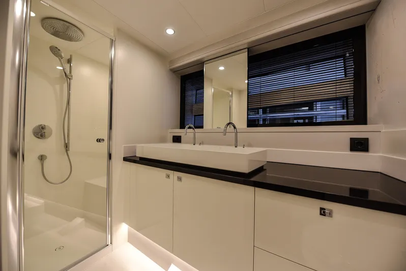  Yacht Photos Pics Modern bathroom in 2026 Van der Valk Beach Club 600 yacht with shower and double sink.