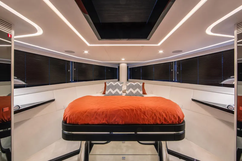 Yacht Photos Pics Luxurious bedroom interior of 2026 Van der Valk Beach Club 600 yacht with modern lighting.