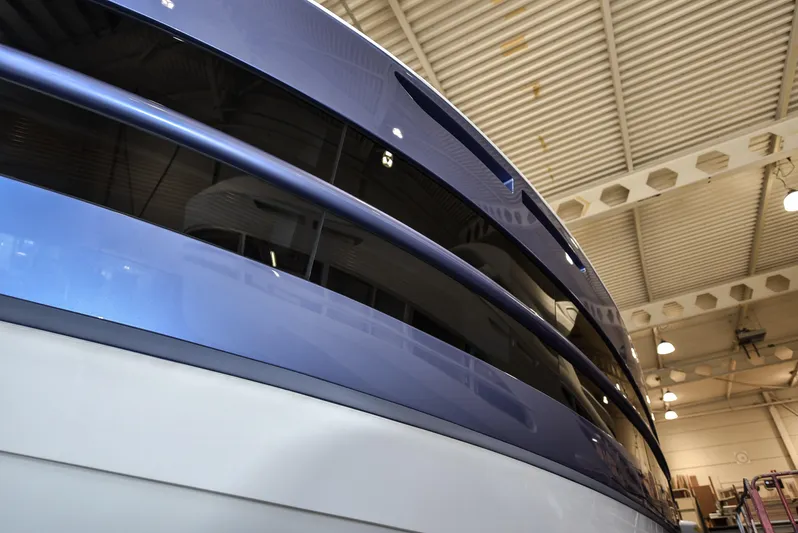  Yacht Photos Pics Close-up of 2026 Van der Valk Beach Club 600 yacht in a warehouse.