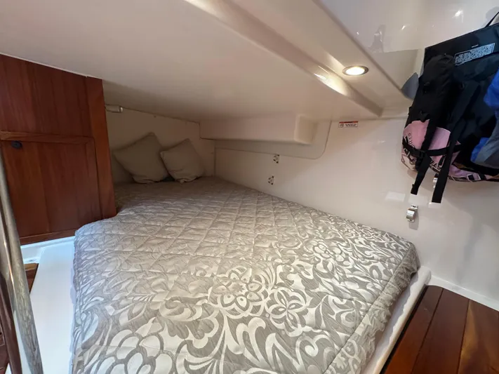  Yacht Photos Pics 2015 Pursuit OS 385 Offshore cabin interior with bed and storage.