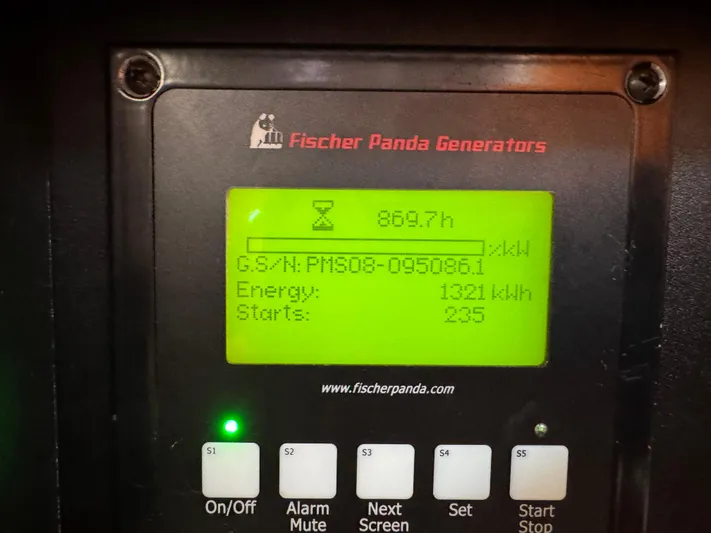  Yacht Photos Pics Fischer Panda generator display showing 869.7 hours, 1321 kWh energy, 235 starts.
