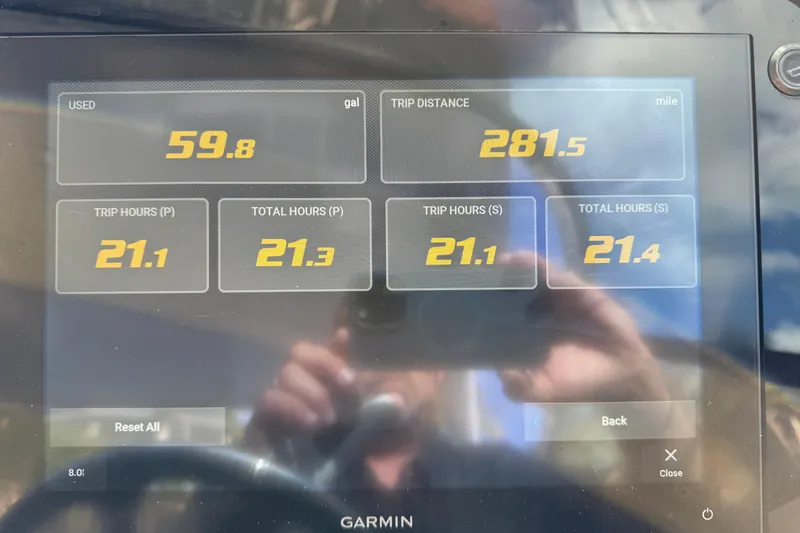  Yacht Photos Pics Display screen showing trip data: 59.8 gallons used, 281.5 miles traveled, 2024 Regal LX9.