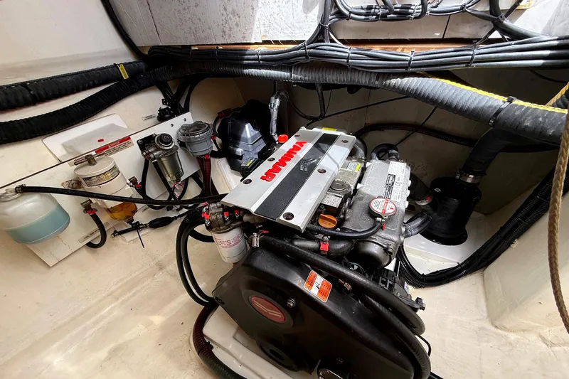  Yacht Photos Pics Engine compartment of a 2020 Leopard 50 yacht, featuring a Yanmar engine and various components.