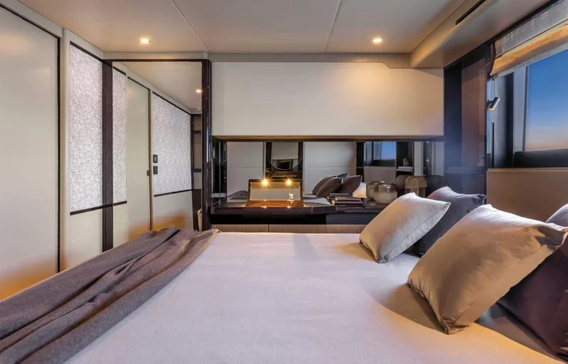 Absolute 60 Fly Yacht Photos Pics Luxurious bedroom interior of 2025 Absolute 60 Fly yacht with modern design and elegant decor.
