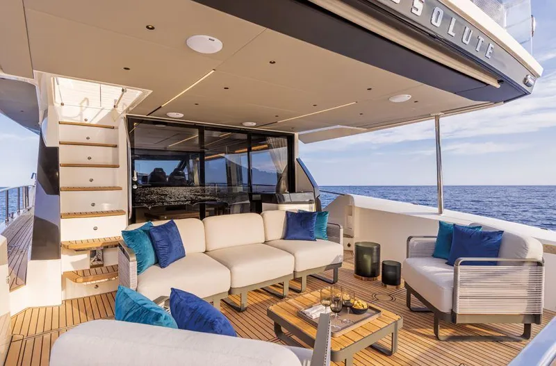 Absolute 60 Fly Yacht Photos Pics Luxurious 2025 Absolute 60 Fly yacht deck with elegant seating and ocean view.