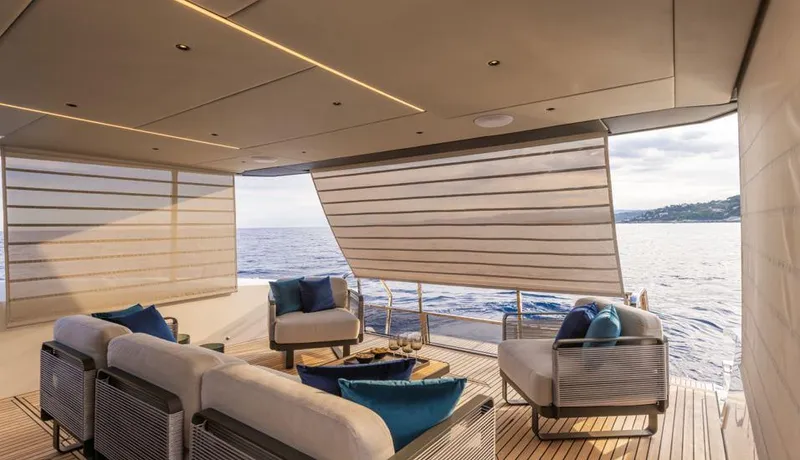 Absolute 60 Fly Yacht Photos Pics Luxurious 2025 Absolute 60 Fly yacht interior with ocean view, featuring elegant seating and modern design.