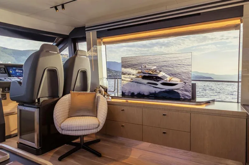 Absolute 60 Fly Yacht Photos Pics Luxurious interior of 2025 Absolute 60 Fly yacht with scenic ocean view.