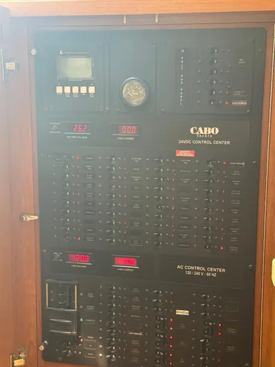Cayuco Yacht Photos Pics Electrical control panel of a 2010 Cabo 40 Express boat.