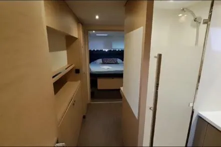 Sanouva Yacht Photos Pics Interior of 2019 Fountaine Pajot SABA 50 yacht, featuring a cozy bedroom and modern design.