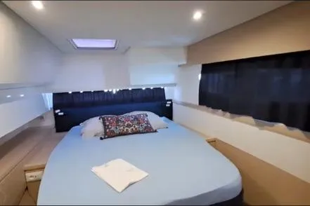 Sanouva Yacht Photos Pics 2019 Fountaine Pajot SABA 50 yacht bedroom with skylight and modern decor.