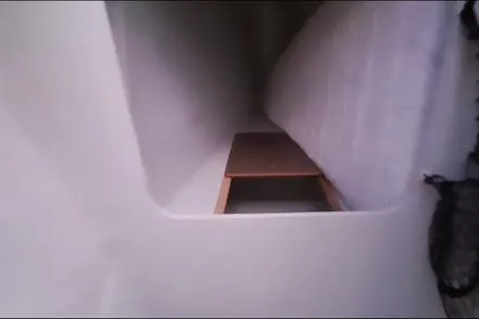 Sanouva Yacht Photos Pics Interior view of 2019 Fountaine Pajot SABA 50 catamaran, featuring a narrow passageway.