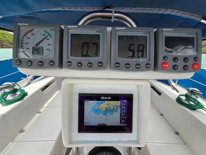  Yacht Photos Pics Sailing instruments on a 2000 Catalina 42 MkII yacht, displaying wind, speed, and depth data.