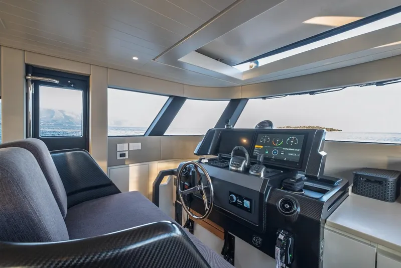 M8-15 Yacht Photos Pics Interior of 2023 Bluegame BGX 63 yacht, featuring modern helm and panoramic windows.