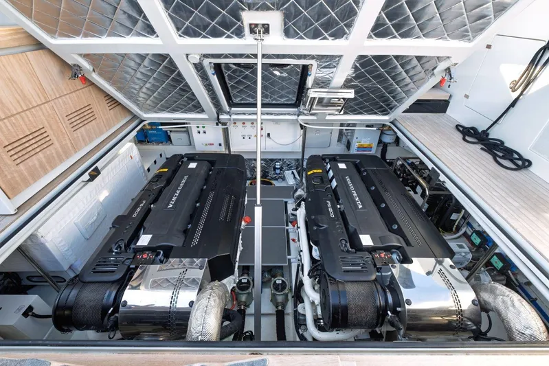 M8-15 Yacht Photos Pics Engine room of 2023 Bluegame BGX 63 yacht, featuring dual Volvo Penta engines.