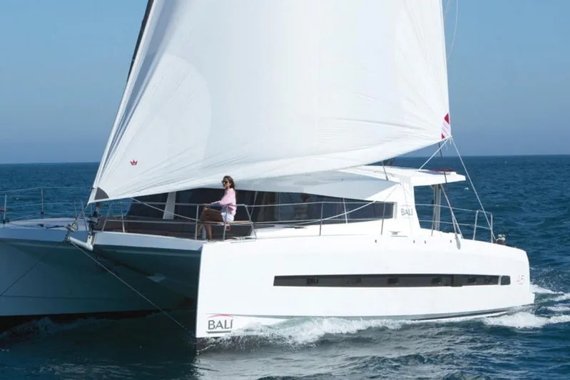 Yacht Photos Pics Sailing catamaran Bali 4.5, 2016 model, cruising on open sea.