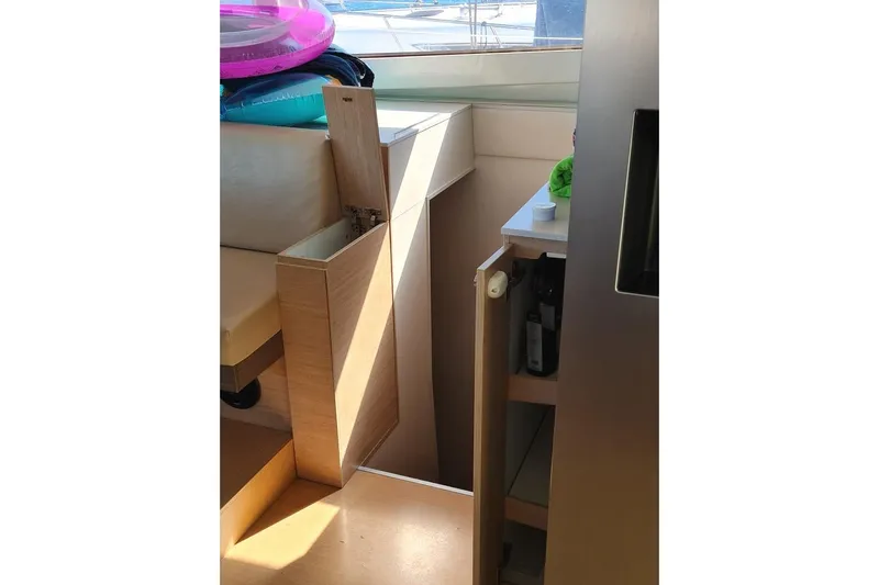  Yacht Photos Pics Interior of 2016 Bali 4.5 yacht with open storage compartments.