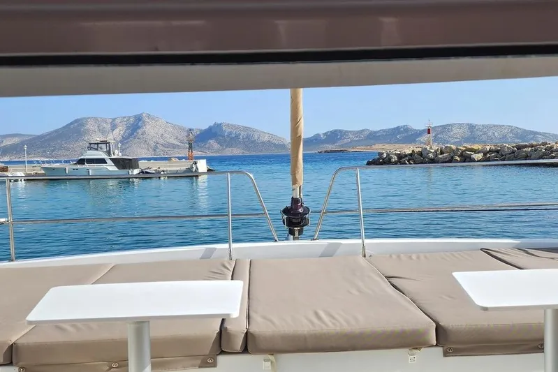  Yacht Photos Pics View from Bali 4.5 catamaran, 2016 model, overlooking serene sea and distant mountains.