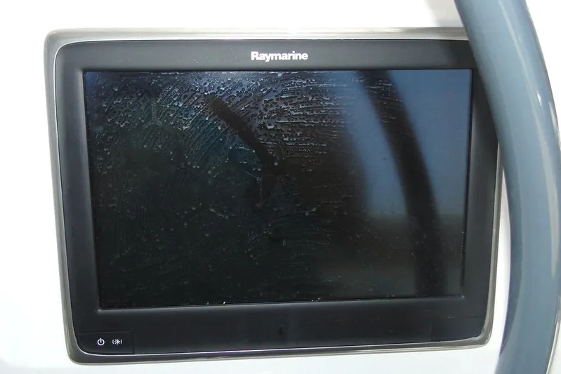  Yacht Photos Pics Raymarine display screen on 2016 Bali 4.5 yacht, partially obscured by reflections.