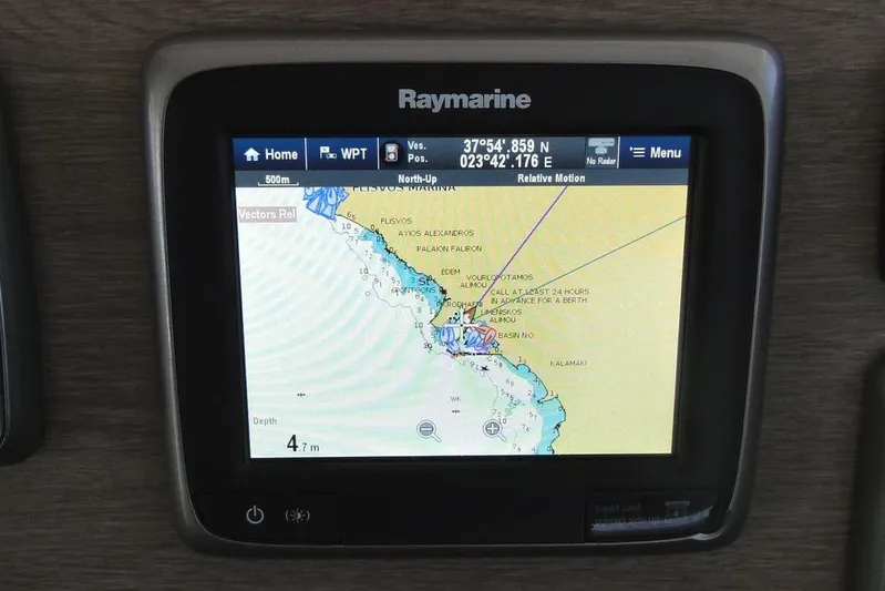  Yacht Photos Pics Raymarine navigation display on 2016 Bali 4.5, showing nautical chart and coordinates.