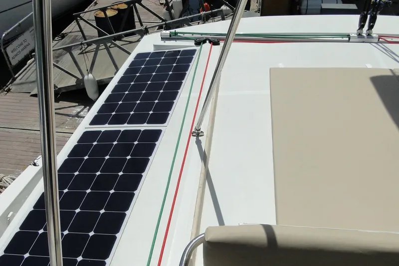  Yacht Photos Pics Solar panels on 2016 Bali 4.5 catamaran deck at Alimos Marina.