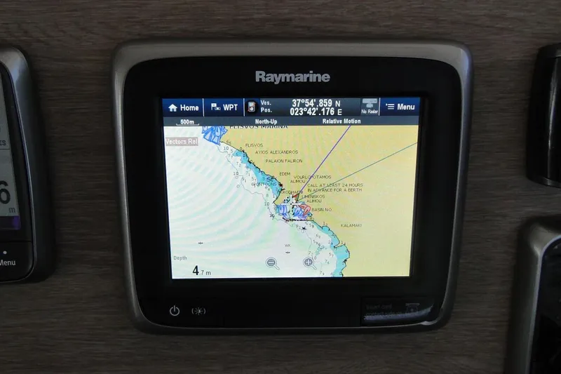  Yacht Photos Pics Raymarine navigation display on Bali 4.5, 2016 model, showing nautical map and coordinates.