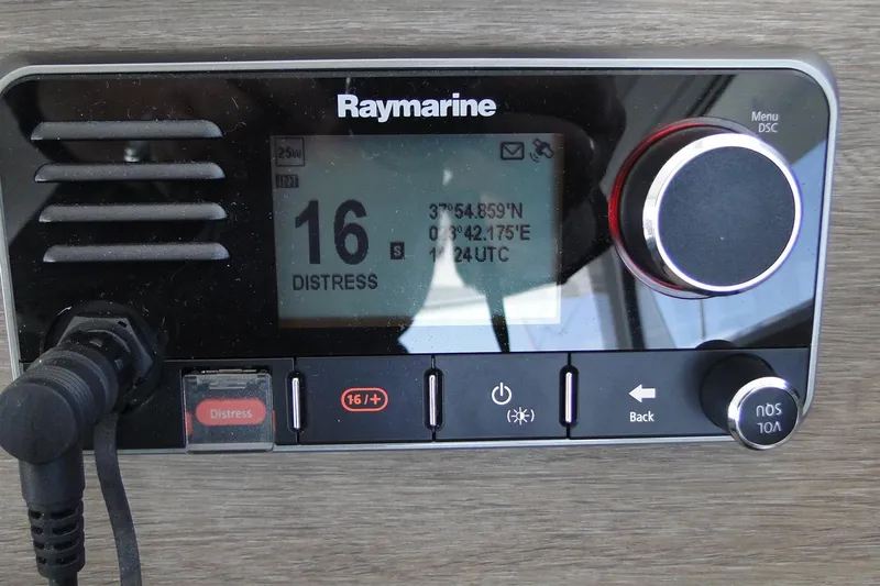  Yacht Photos Pics Raymarine marine radio displaying distress signal on channel 16, Bali 4.5 model, 2016.