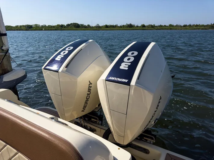 Rest Assured Yacht Photos Pics 2019 Chris-Craft 30 Catalina with twin Mercury 300 engines on a calm lake.