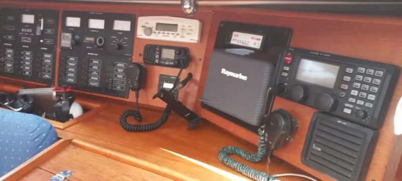 Happy Destiny Yacht Photos Pics Control panel of 2004 Jeanneau Sun Odyssey 43 DS sailboat with navigation equipment.