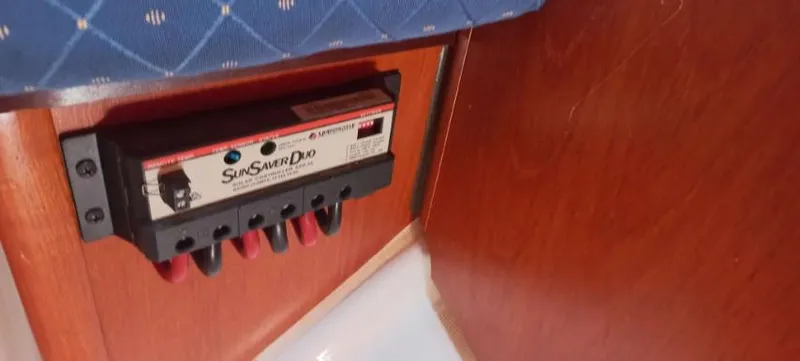 Happy Destiny Yacht Photos Pics SunSaver Duo solar charge controller on 2004 Jeanneau Sun Odyssey 43 DS yacht interior.