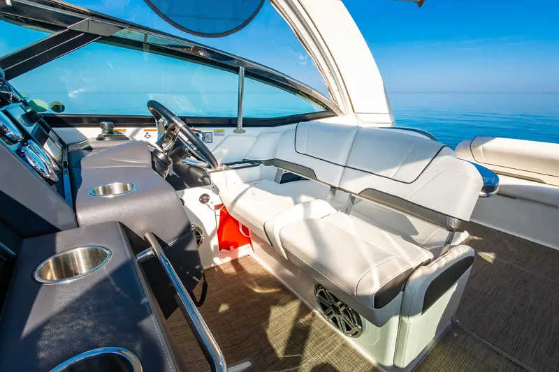 Good Morning Sunshine Yacht Photos Pics 2019 Formula 330 Crossover Bowrider interior with luxurious seating and modern dashboard.