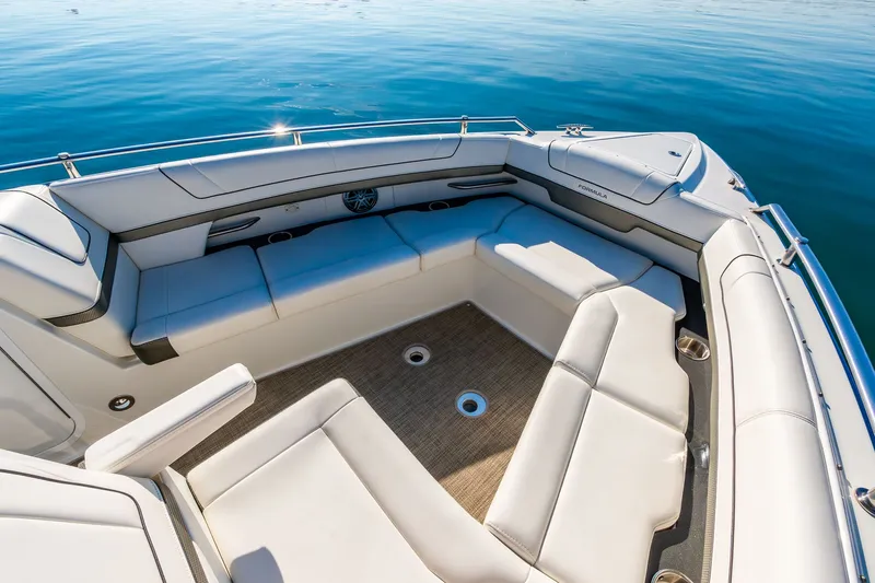 Good Morning Sunshine Yacht Photos Pics 2019 Formula 330 Crossover Bowrider interior with spacious seating on calm water.