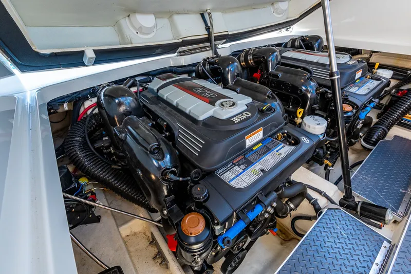 Good Morning Sunshine Yacht Photos Pics Engine compartment of 2019 Formula 330 Crossover Bowrider with dual Mercury 350 engines.