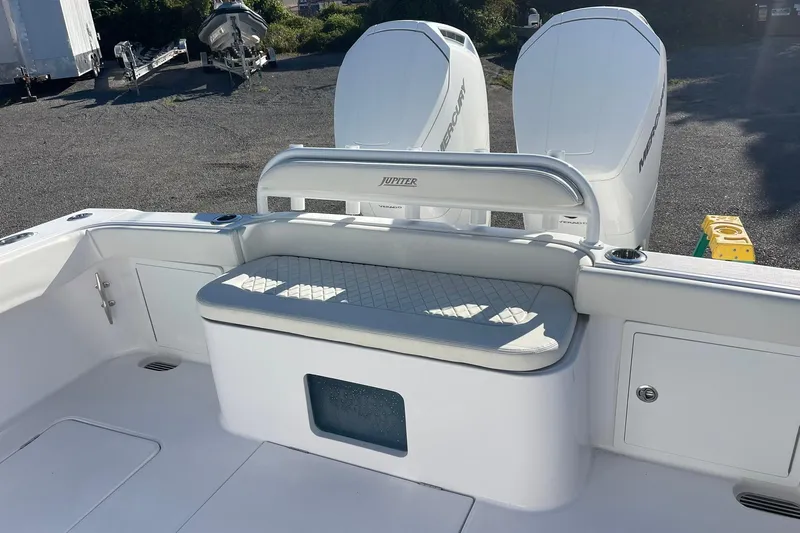  Yacht Photos Pics 2023 Jupiter 40 boat interior with seating and dual Mercury engines.