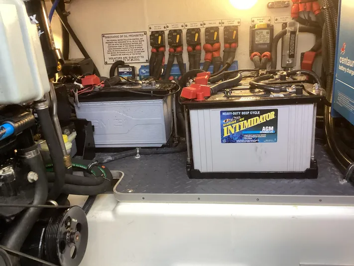 Steal Yacht Photos Pics Engine room of 2020 Formula 380 Super Sport Crossover with batteries and wiring.