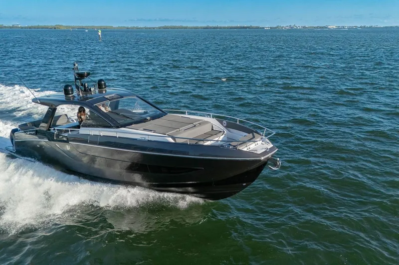 Matzu Yacht Photos Pics 2023 Azimut Verve 47 luxury yacht cruising on open water.